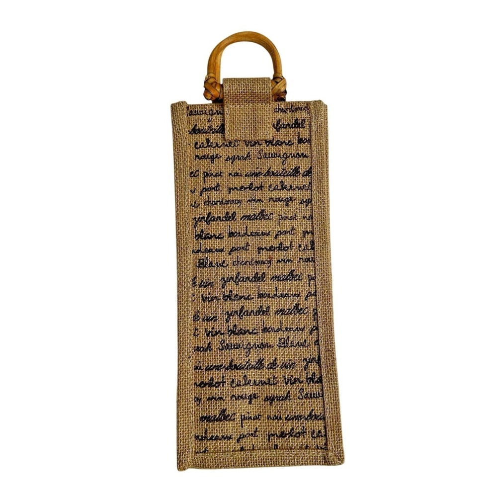 Unbranded Burlap Wine Tote Bag OS Tan Script Print Bamboo Handle Rustic Gift Bag
